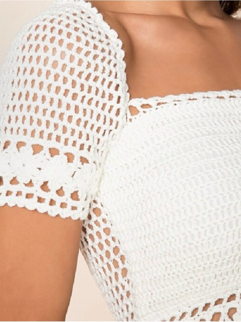 Revolve Superdown Imani Crochet Crop Top Off-White Knit Short Sleeve Sz. S - Picture 8 of 8